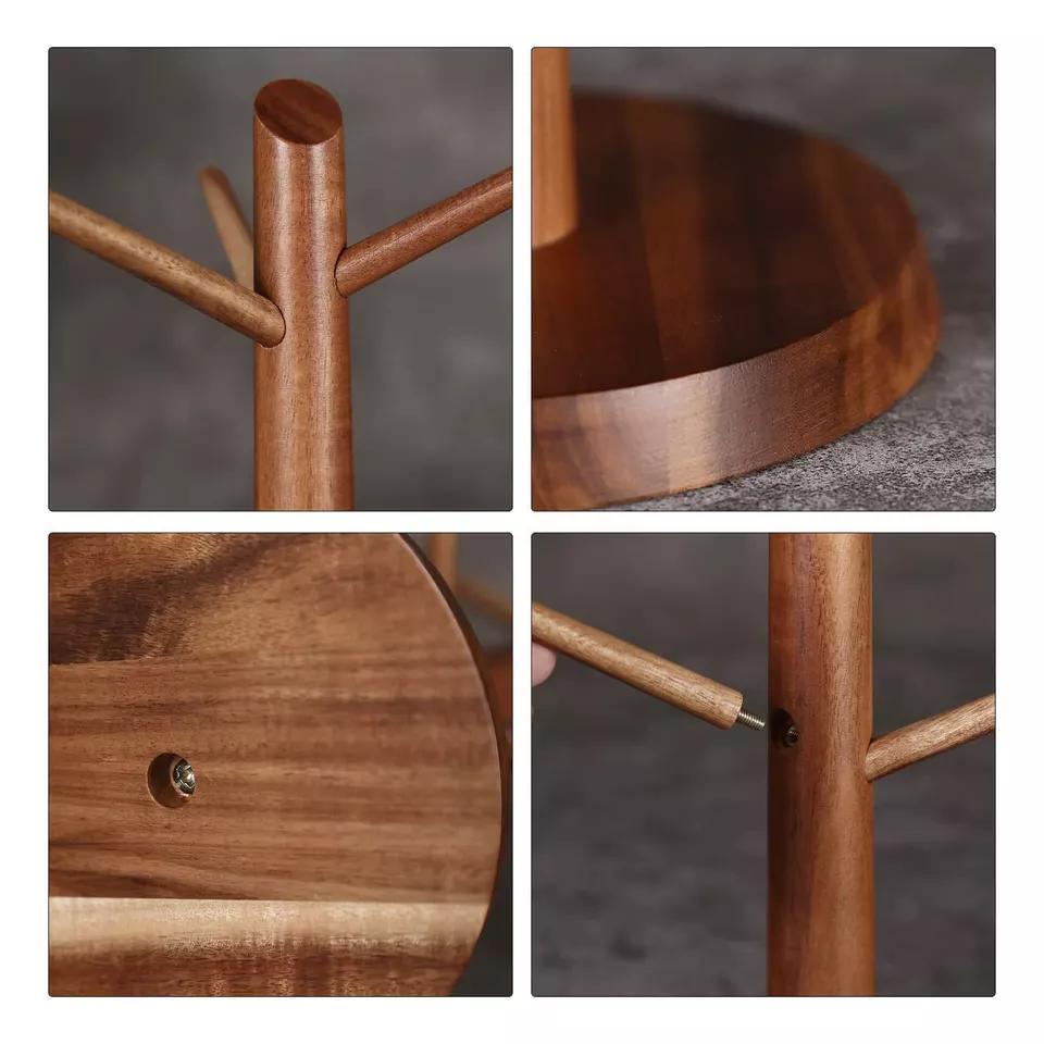 Folding Acacia Wood Mug Cup Holder Organizer with Round Bottom for Countertop Kitchen