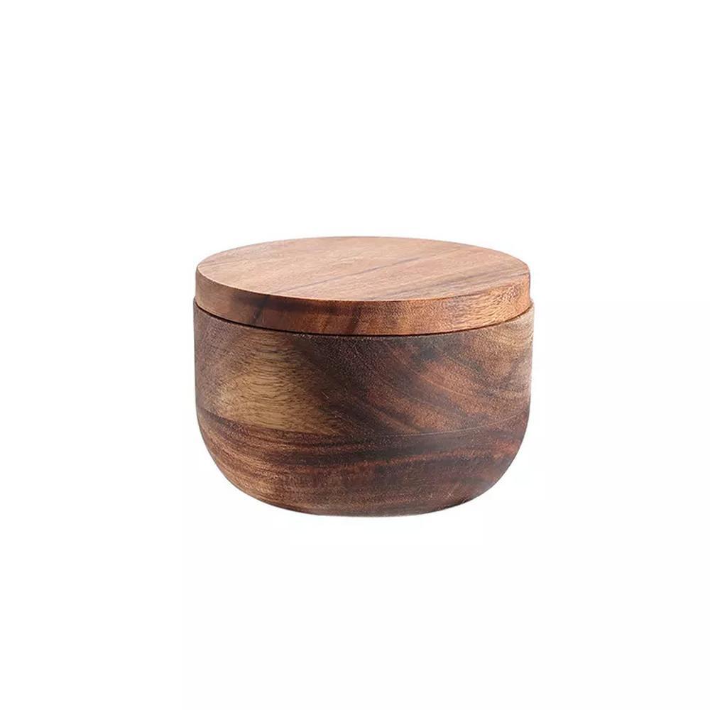 Round Acacia Wooden Salt Keeper Wood Salt Pepper Cellar with Lid