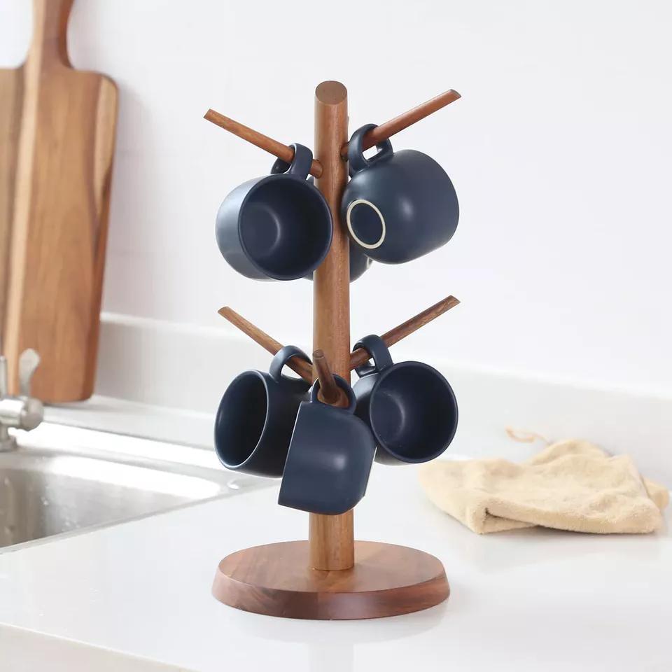 Folding Acacia Wood Mug Cup Holder Organizer with Round Bottom for Countertop Kitchen
