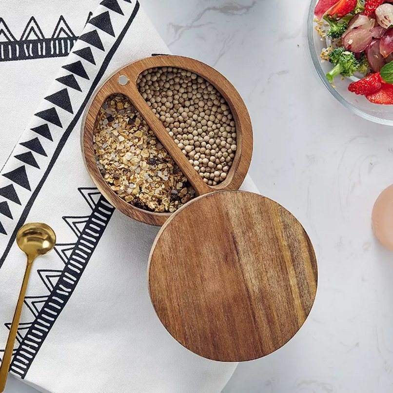 Acacia Wood Sugar Keeper Salt Cellar Pepper Box with Lid