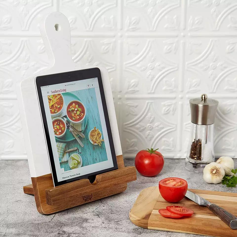 Marble Acacia Wood Cutting Board Cookbook Holder Charcuterie Board White Marble Cheese Board