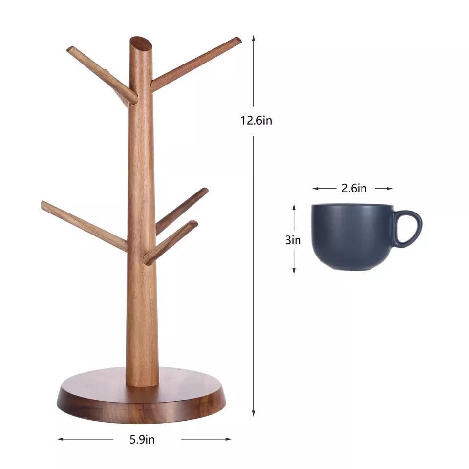Folding Acacia Wood Mug Cup Holder Organizer with Round Bottom for Countertop Kitchen