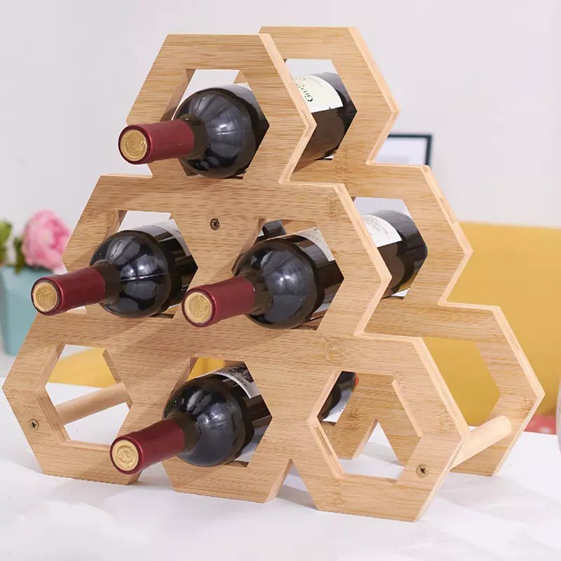 Countertop Honeycomb Hexagon Geometry Shape Bamboo Wine Bottle Display Shelf Holder Rack