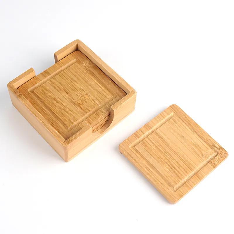 Custom Square Bamboo Wooden 5PCS Coasters Set with Holder