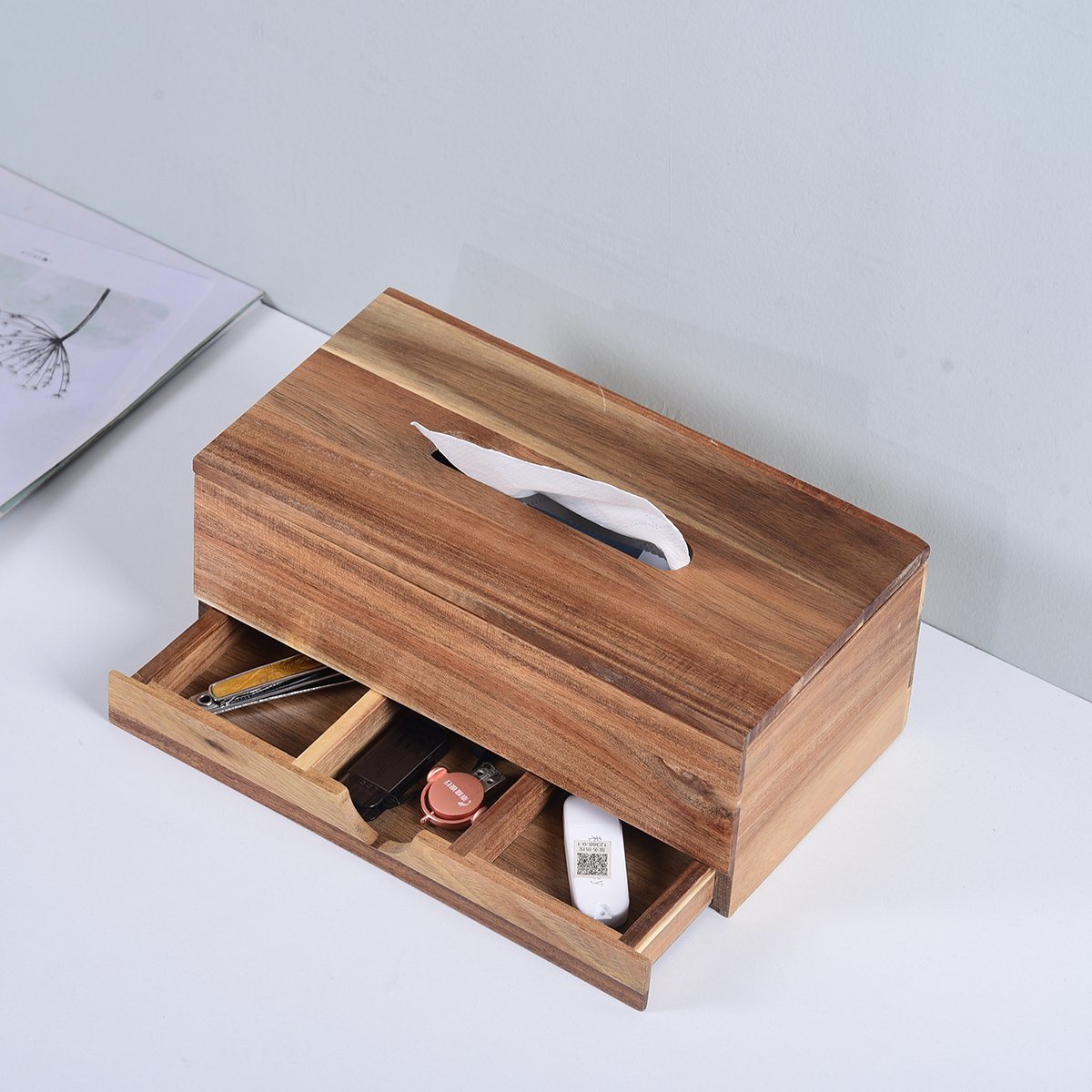 Decorative and Multipurpose Bamboo Tissue Box Wood Tissue Box with Drawer