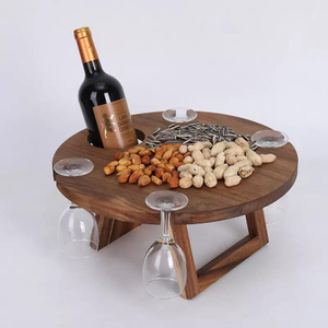 Portable Solid Acacia Wooden Round Wine Outdoor Folding Picnic Table with 4 Wine Glass Holder