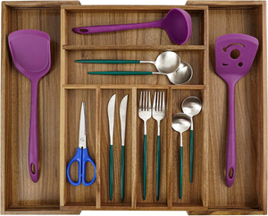 Adjustable and Expandable Acacia Wood Cutlery Tray Cutlery Drawer Organizer