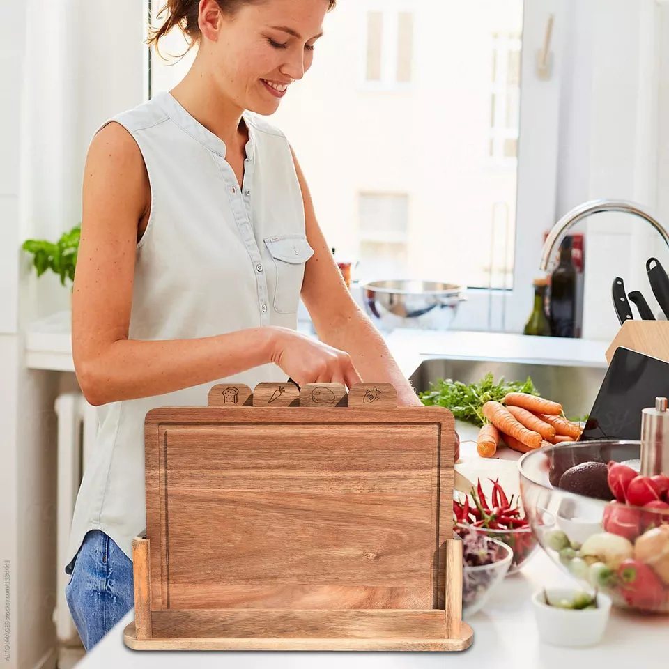 Acacia Wood Index Cutting Board Set with Storage Base Holder for Bread, Meat, Vegetables, Fish