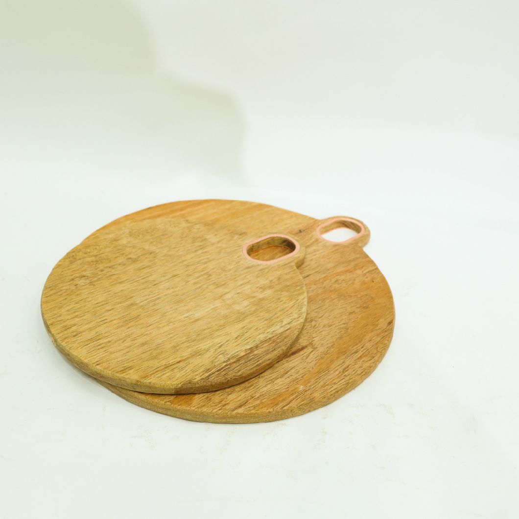Round Acacia Wood Cutting Board Chopping Board Setwith Gold Metal Handle
