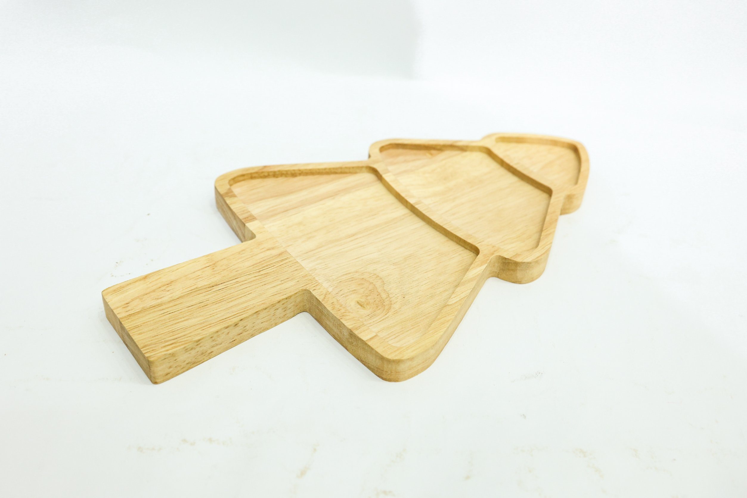 Hand Crafted Solid Rubber Wood Christmas Tree Tray, Holiday Serving Tray and Plate