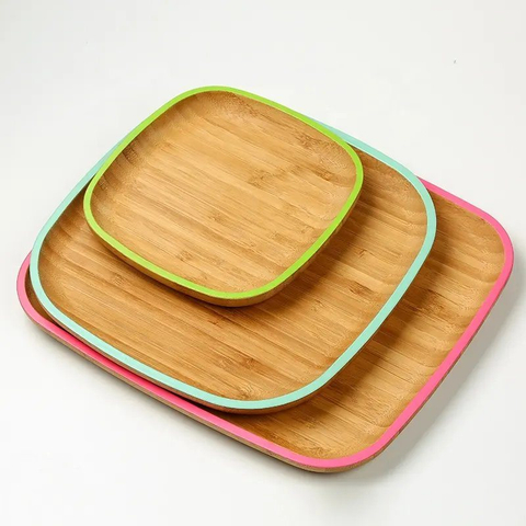 Square Bamboo Wooden Serving Tray Plate Dish with Color Edge for Appetizer Snack Nuts Cake and Breakfast