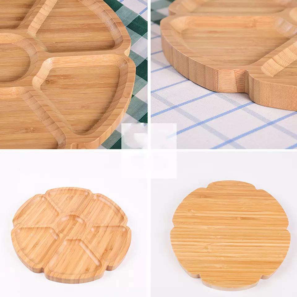 6-Section Flower Shape Round Bamboo Nut Candy Tray Compartment Snack Serving Tray with Dividers