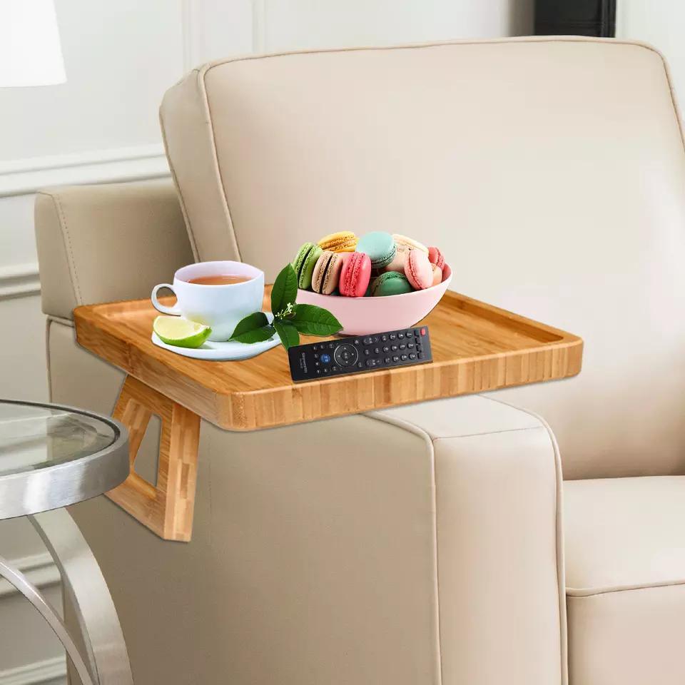 Collapsible Bamboo Coffee and Sofa Tables Clip on Couches Armrest Organizer Wooden Side Arm Tray Table