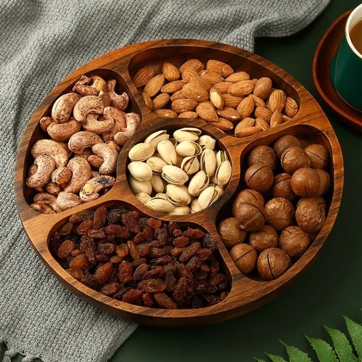 Round Acacia Wooden Nuts Fruit Snack Appetizer Serving Tray Plate Dish with Divided 5 Compartments