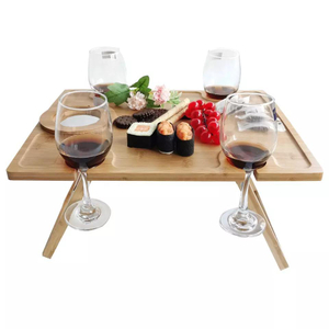 Folding Outdoor Bamboo Wine Table Snacks Cheese Board Wine Picnic Table with Wine and Bottle Holder