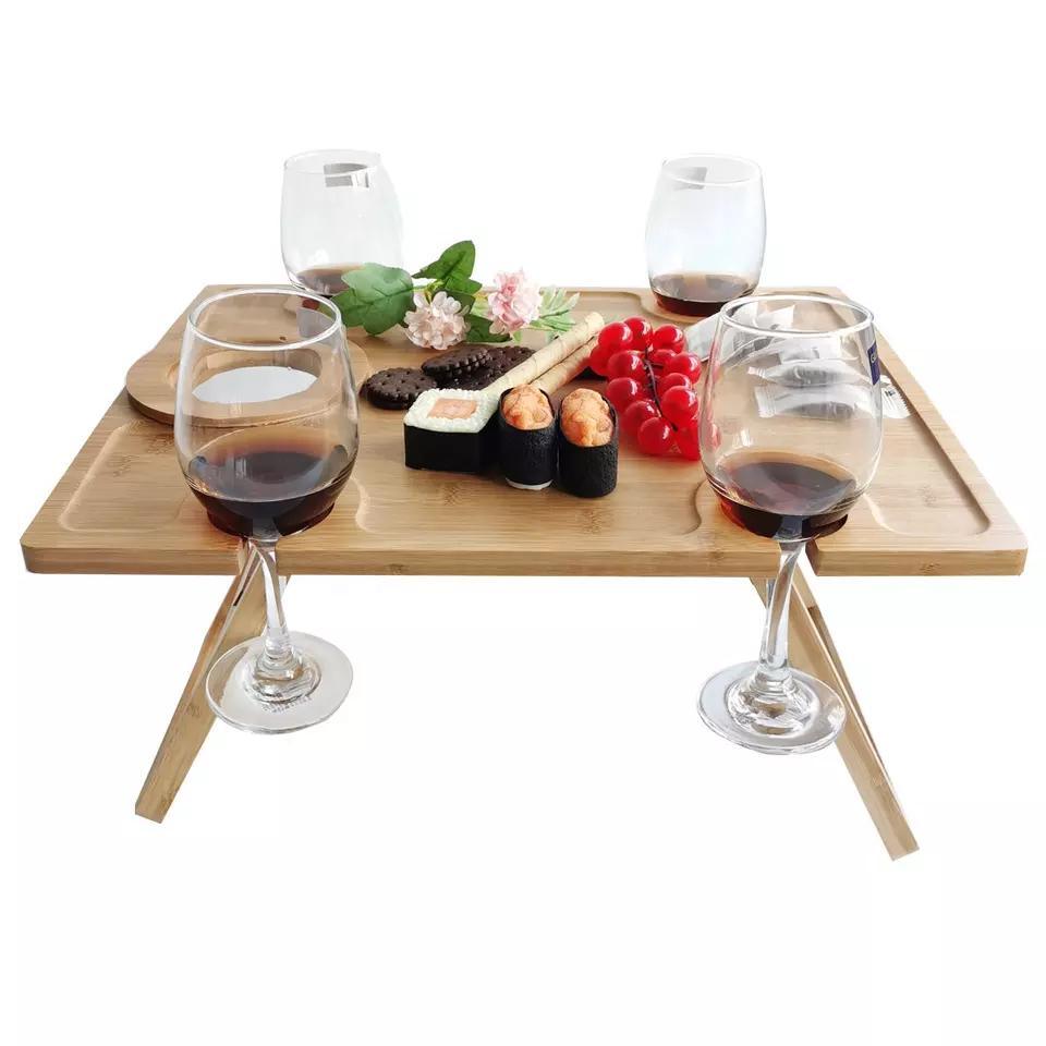 Folding Outdoor Bamboo Wine Table Snacks Cheese Board Wine Picnic Table with Wine and Bottle Holder