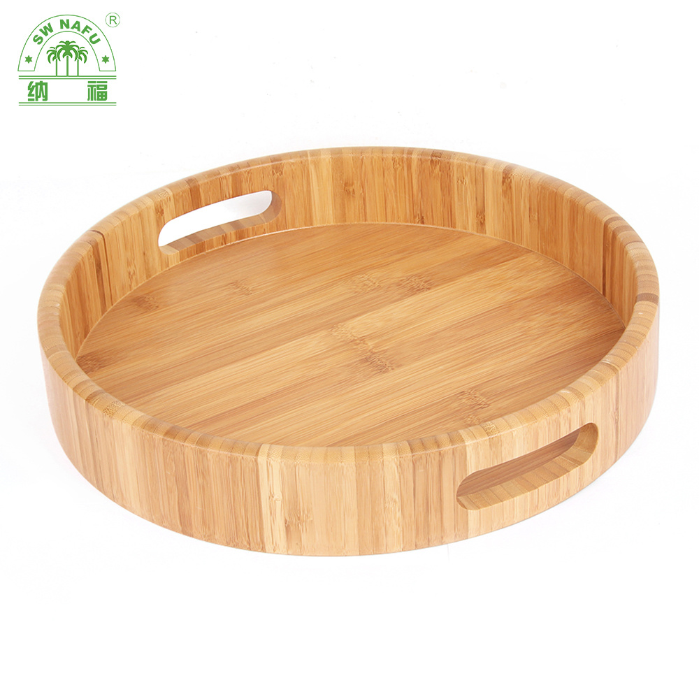 Round Shape Bamboo Serving Tray Food Tray with Cut out Handle From Fujian Factory