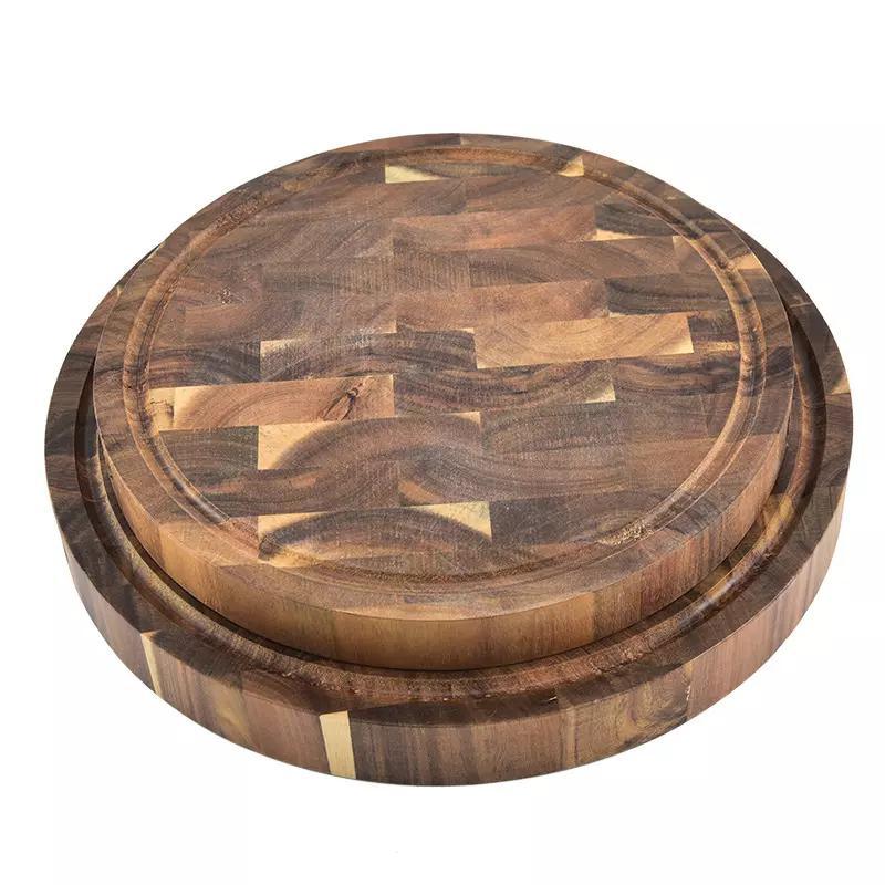 Thick End Grain Round Acacia Wooden Chopping Board Wooden Butcher Block with Two Handles for Kitchen