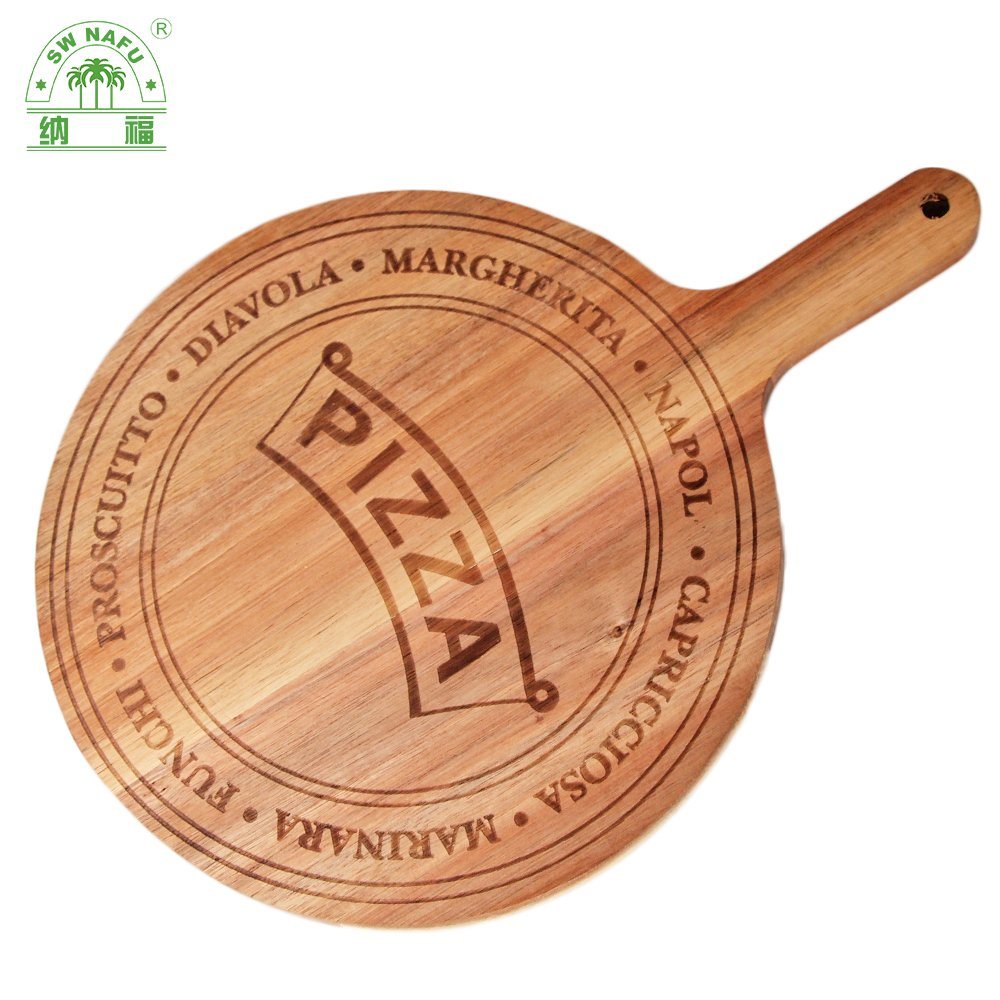 Round Acacia Wood Pizza Bread Cutting Board with Handle