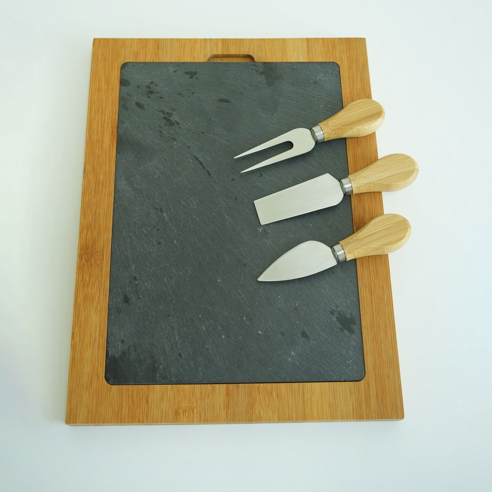 Rectangle Bamboo Cutting Board Slate Cheese Board with Knife Set