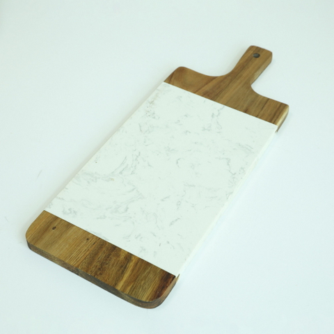 Acacia Wood and White Marble Cheese Cutting Board with Handle Serving Tray Charcuterie Platter