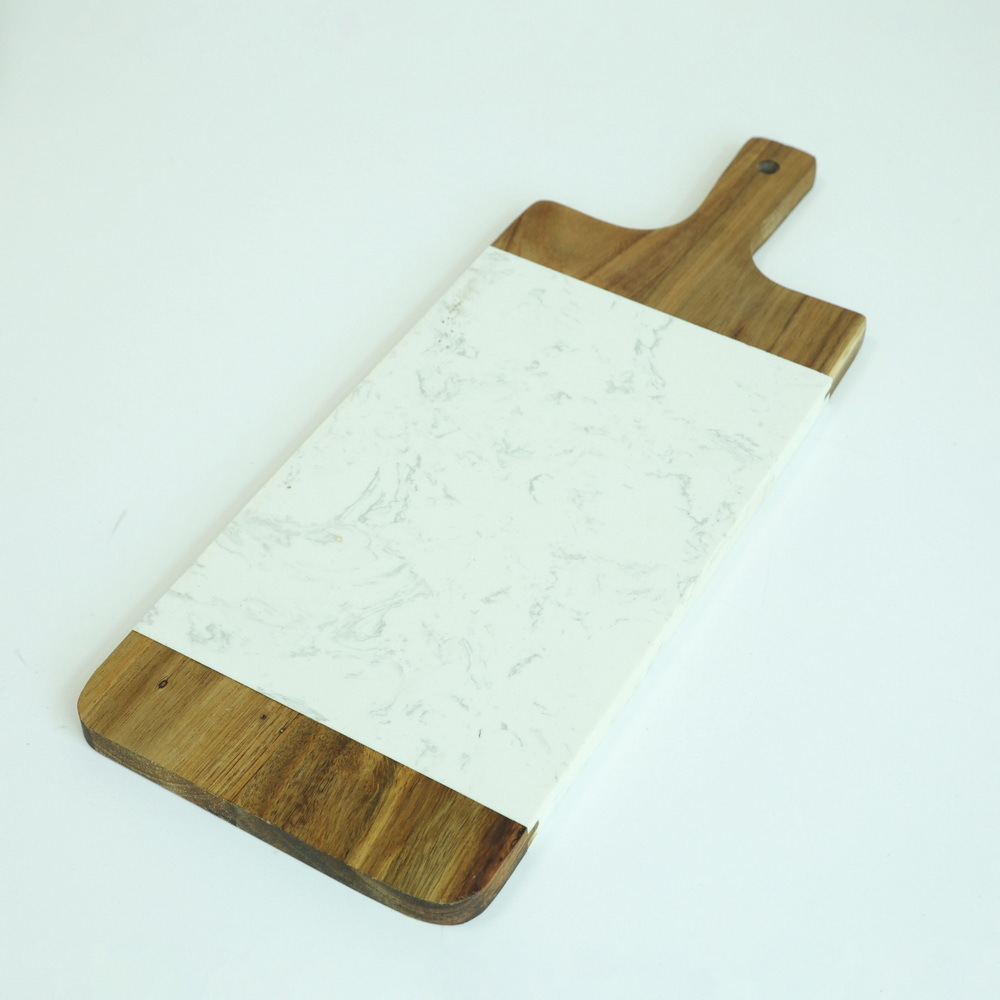 Acacia Wood and White Marble Cheese Cutting Board with Handle Serving Tray Charcuterie Platter