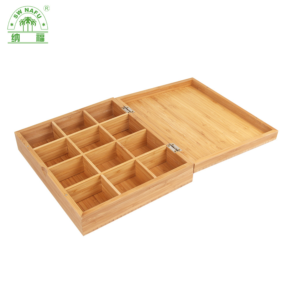 Custom Handmade High Quality Bamboo Tea Bag Box with 12 Compartments and Lid