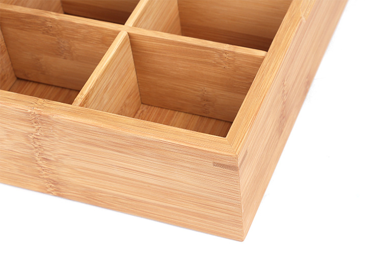 Custom Quality 8 Compartment Bamboo Tea Box and Tea Bag Organizer for Home or Company