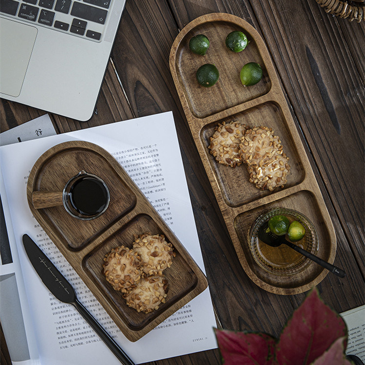 Oval Wooden Dinner Plate Preparation Plate Breakfast Plate Dessert Plate Serving Plates with Divided Compartments
