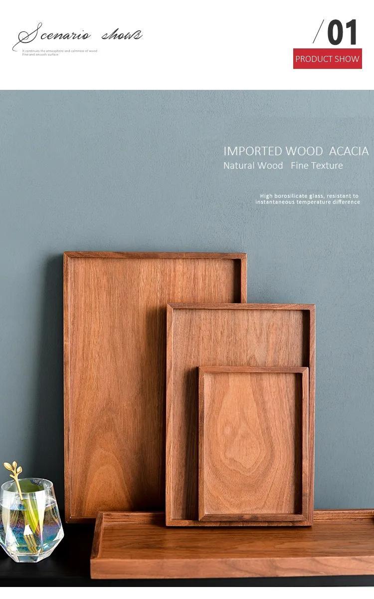 Acacia Wood Serving Trays Rectangle Wooden Tea Tray Food Storage Plate Snacks Home Tea Serving Tray with Handles