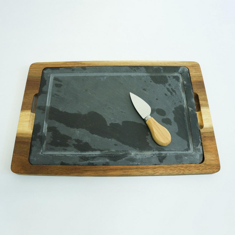 Wholesale Acacia Wood and Slate Cheese Board Set with Cheese Knives