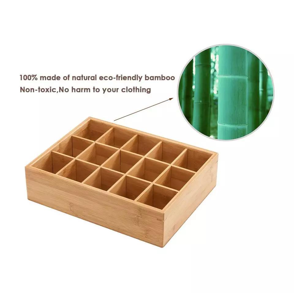 Rectangular Adjustable Multi-Compartment Bamboo Drawer Organizer for Wardrobe Drawer Belts Ties Socks Underwear