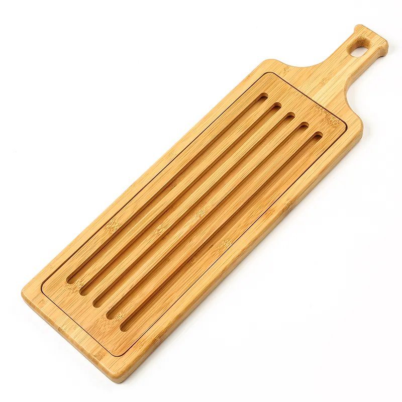 Long Strip Bamboo Bread Cutting Board with Handle and Slotted Bread Paddle Serving Board with Crumb Catcher Grid