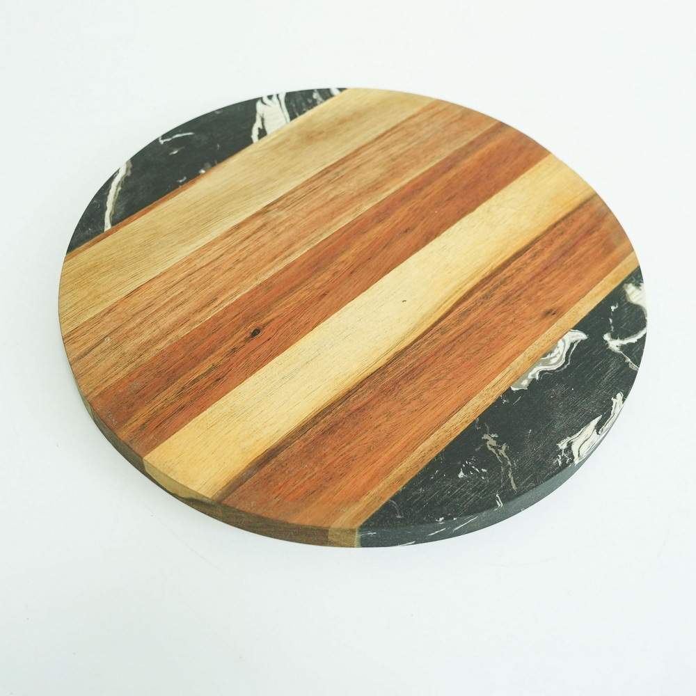 Round Shape Acacia Wood and Black Marble Cheese Board Charcuterie Board Cutting Board