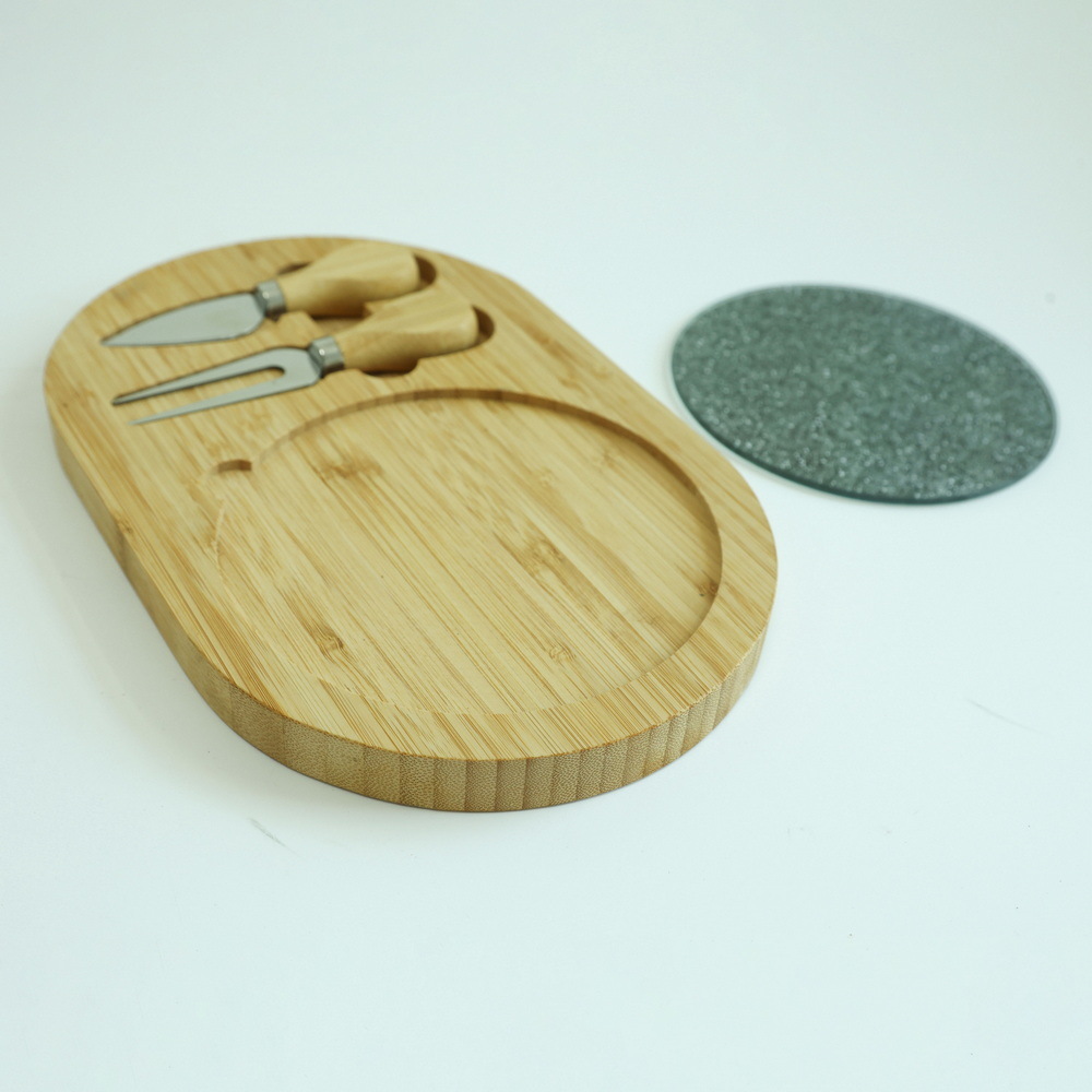 Oval Shape 3 Piece Bamboo Cheese Cutting Board with Inner Glass Board