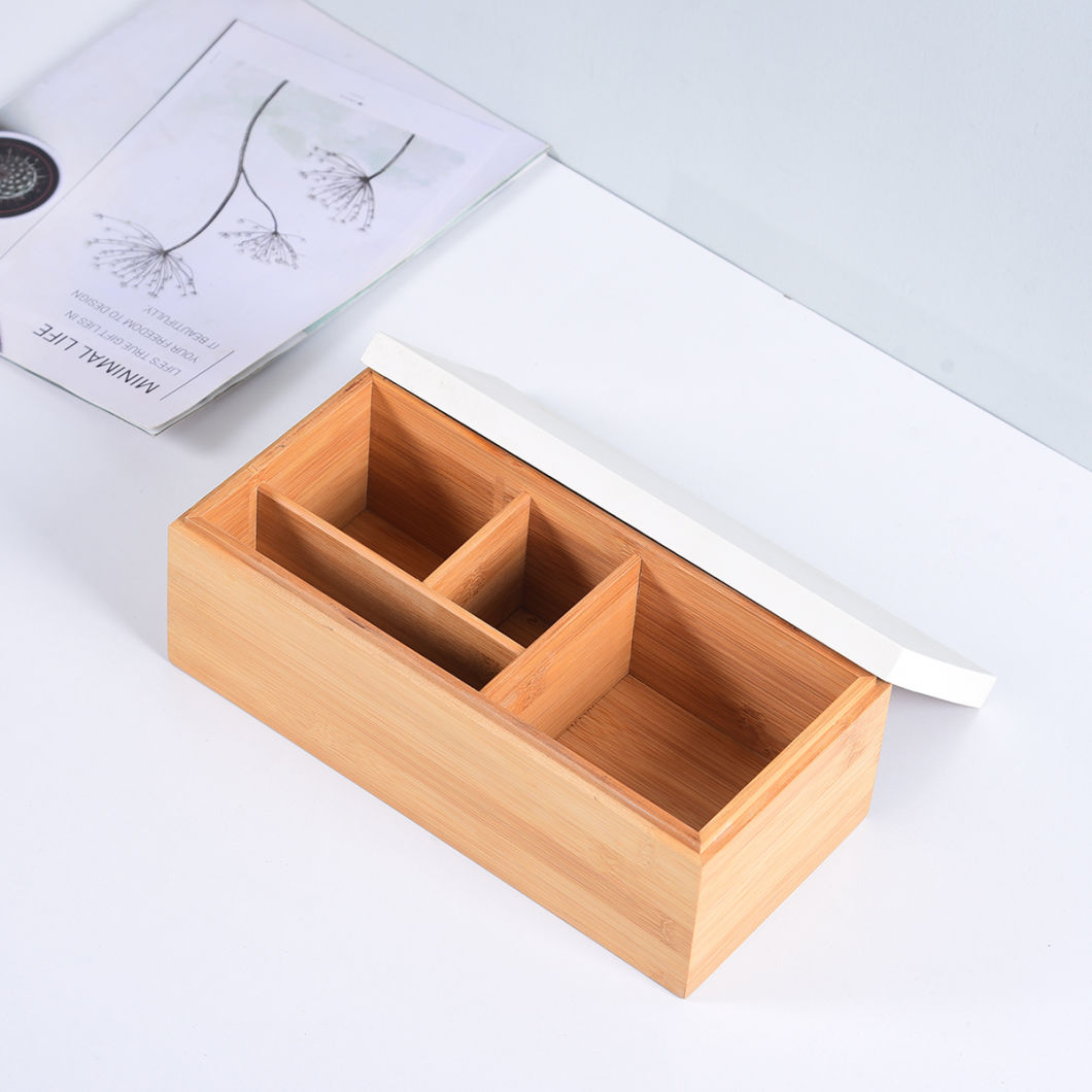 Multifunctional Bamboo Desk Organizer Storage Organizer with 4 Compartments and Lid