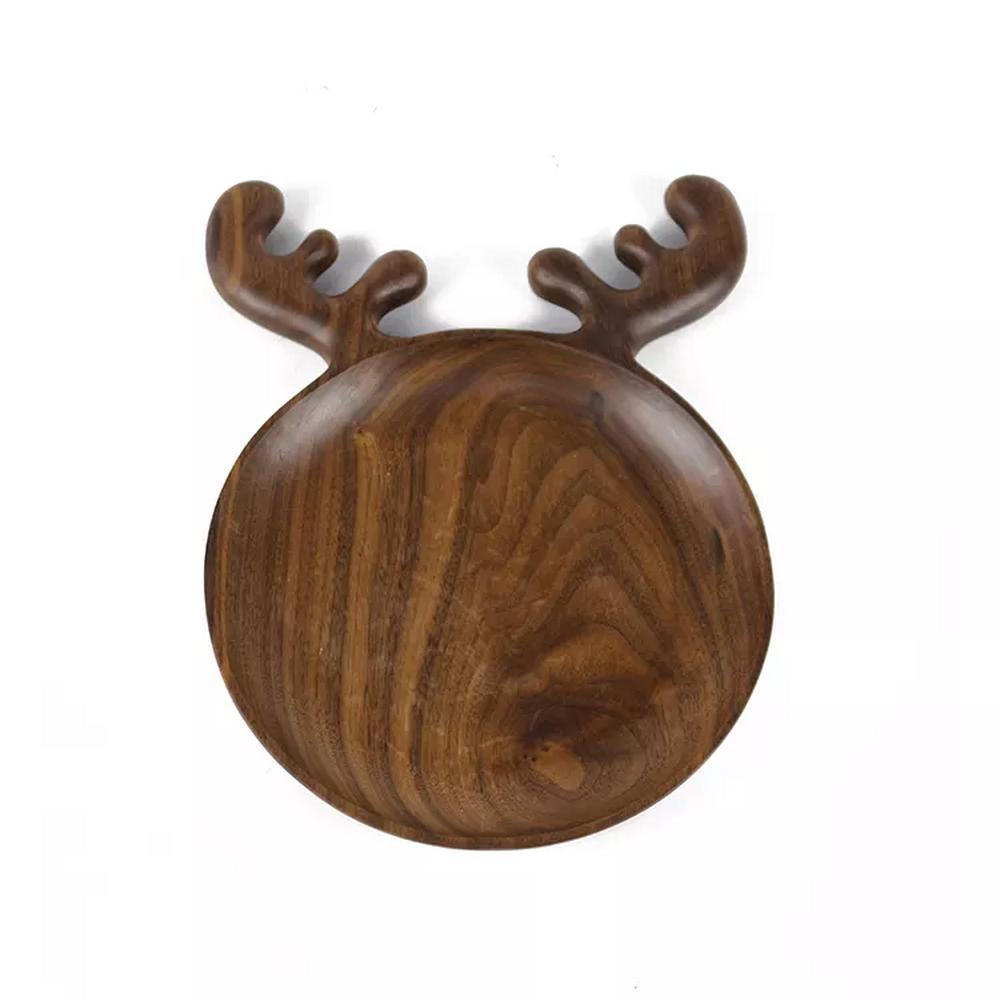 Christmas Cartoon Black Walnut Wooden Round Shape Fruit Candy Food Plate Serving Tray
