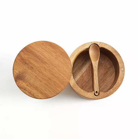 Custom Logo Natural Acacia Wood Spice and Salt Box with Spoon