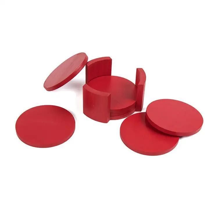 Custom Color Round Bamboo Wood Coaster Set Tableware Mat with Holder for Kitchen