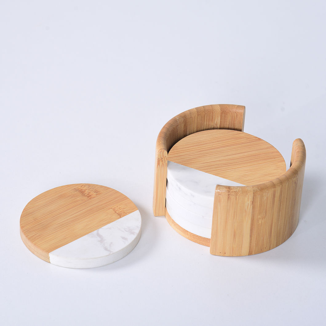 Modern and Natural White Marble and Wood Coaster with Holder