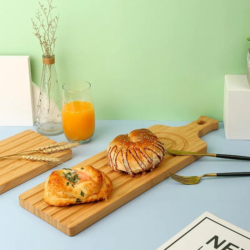 Long Strip Bamboo Bread Cheese Cutting Boards with Handle Serving Paddle Pizza Boards Plate with Drip Groove