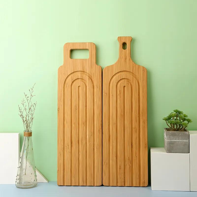 Long Strip Bamboo Bread Cheese Cutting Boards with Handle Serving Paddle Pizza Boards Plate with Drip Groove