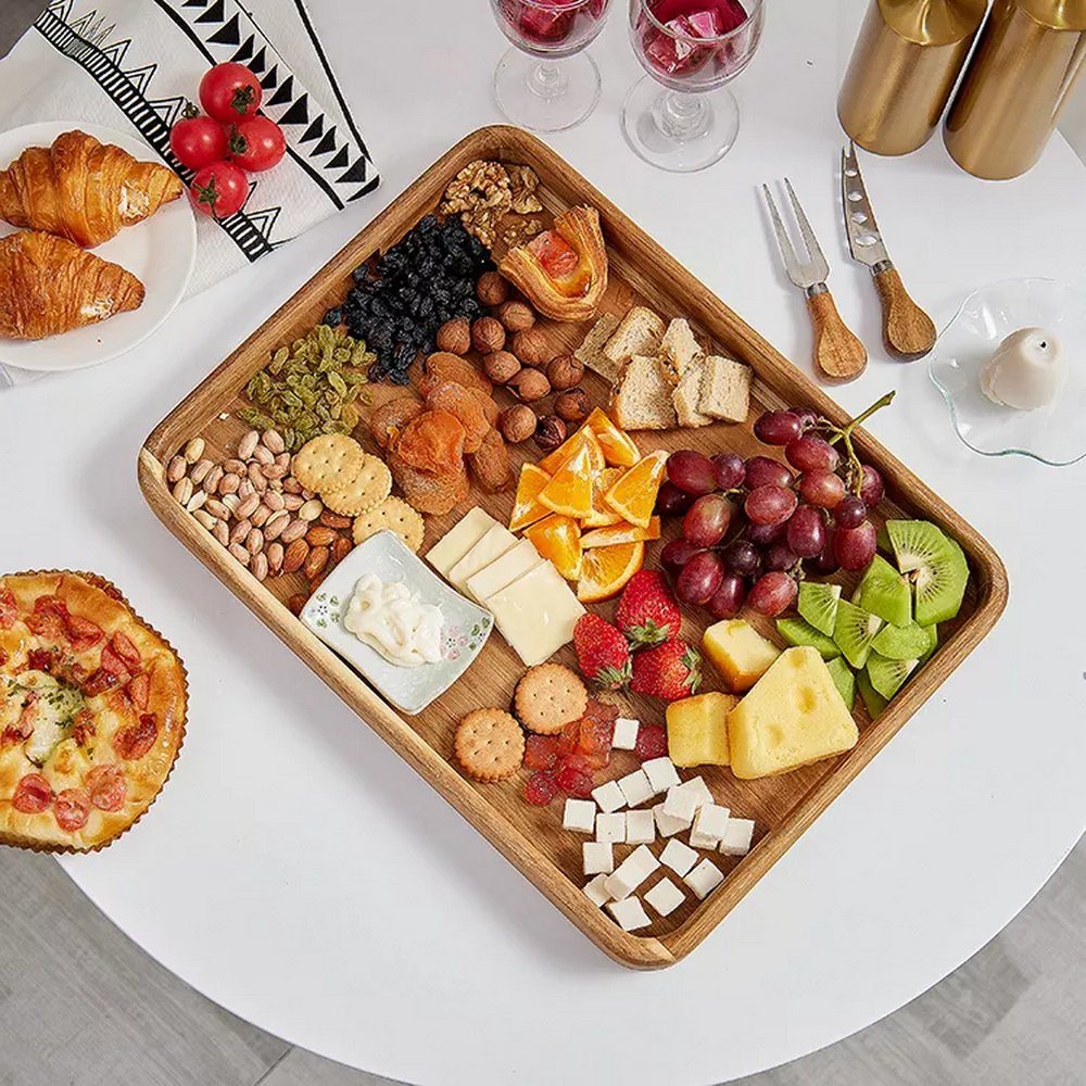 Natural Acacia Wooden Serving Tray with Handle for Coffee Tea Cake Breakfast