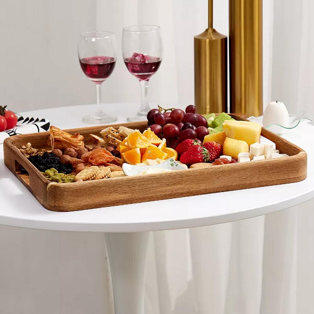 Natural Acacia Wooden Serving Tray with Handle for Coffee Tea Cake Breakfast