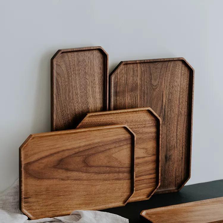 Octagon Black Walnut Wooden Organizer Storage Serving Tray for Food Snack