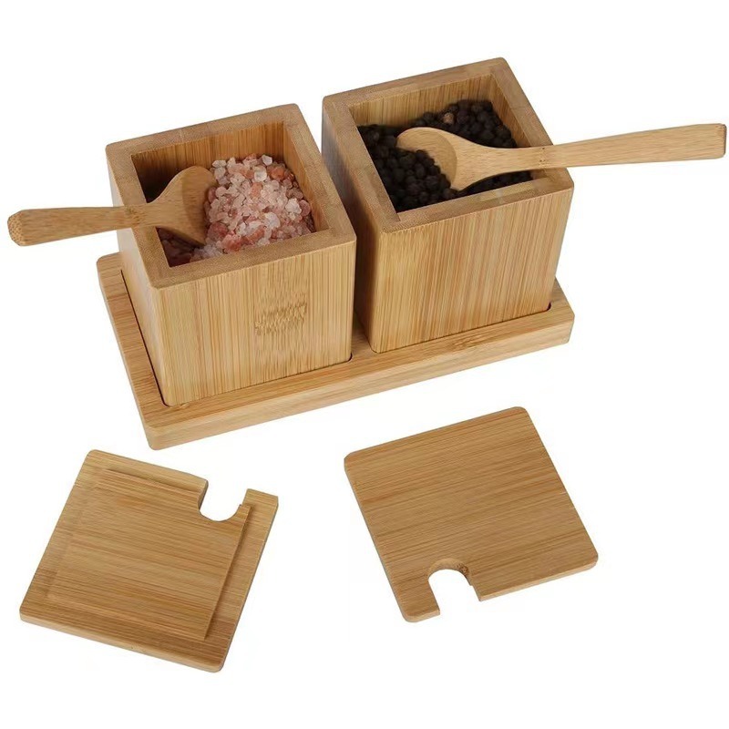 Bamboo Spice Box Kitchen Spice Box with Wooden Spoon Household Wooden Spice Storage Box Set with Small Tray