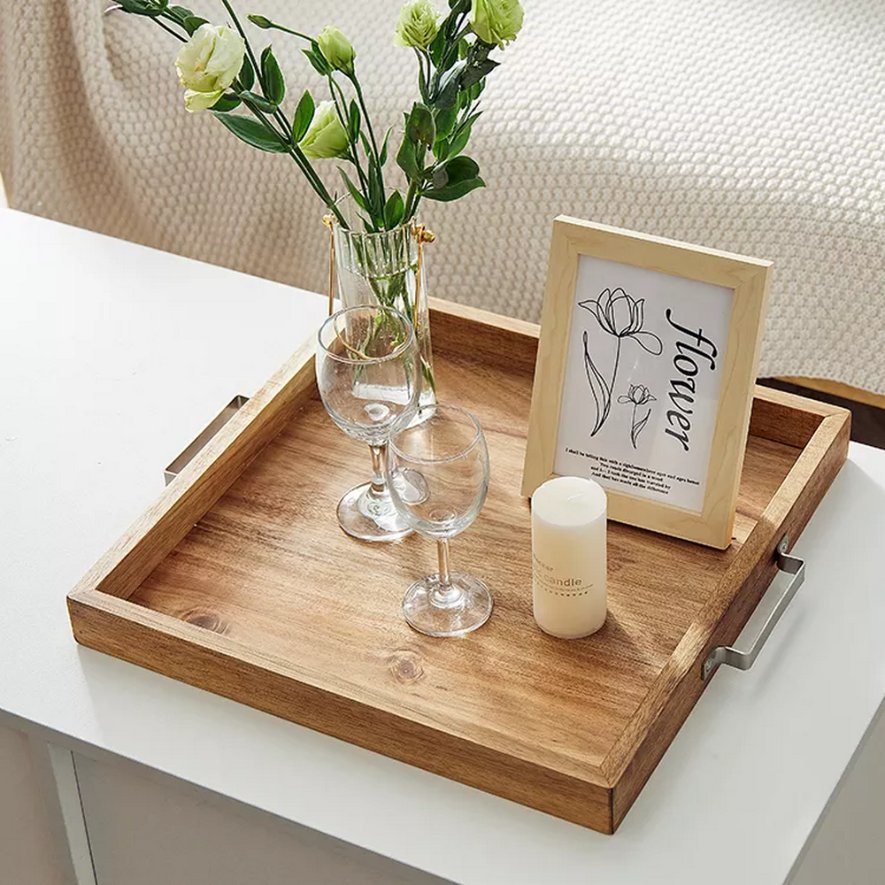 Acacia Wood Serving Tray with Metal Handles for Food Breakfast Coffee Cake
