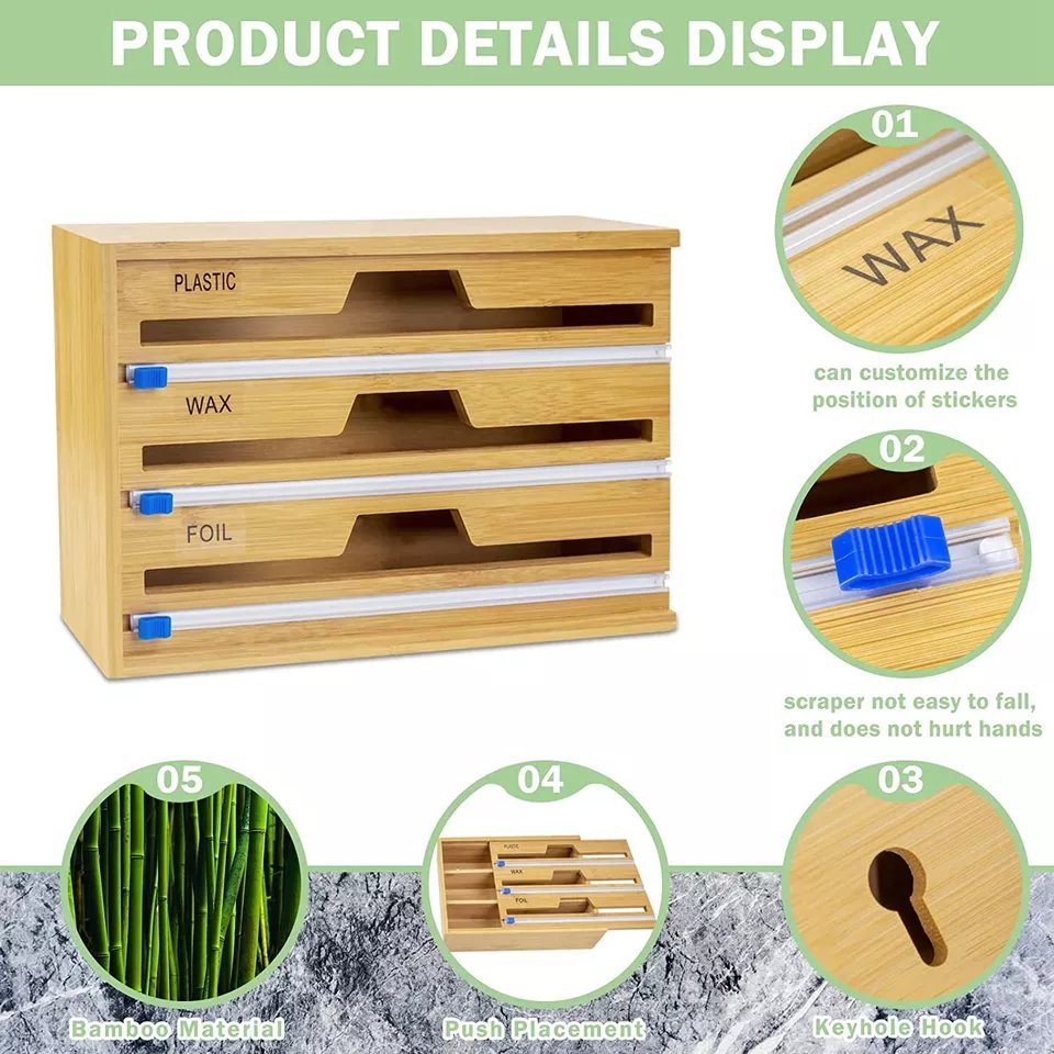Hot-Sale Wholesale Bamboo 3 in 1 Plastic Wrap Foil Wax Storage Organizer with Removable Front Cover for Kitchen