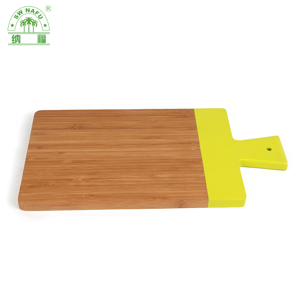 Unique Design Paddle Shape Thick Color Coding Bamboo Pizza Cheese Cutting Board with Handle
