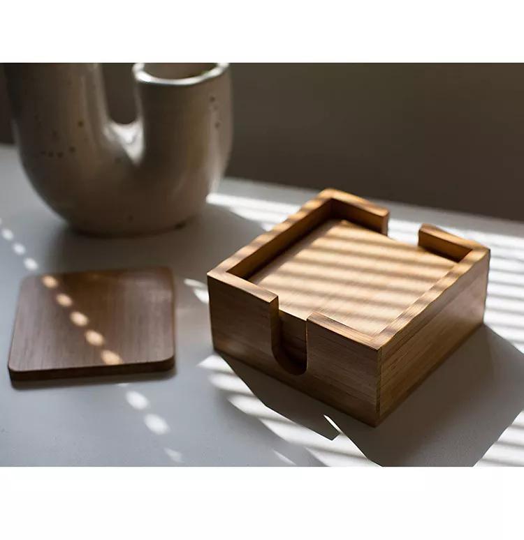 Japanese Square Bamboo Cup Coaster Set with Holder